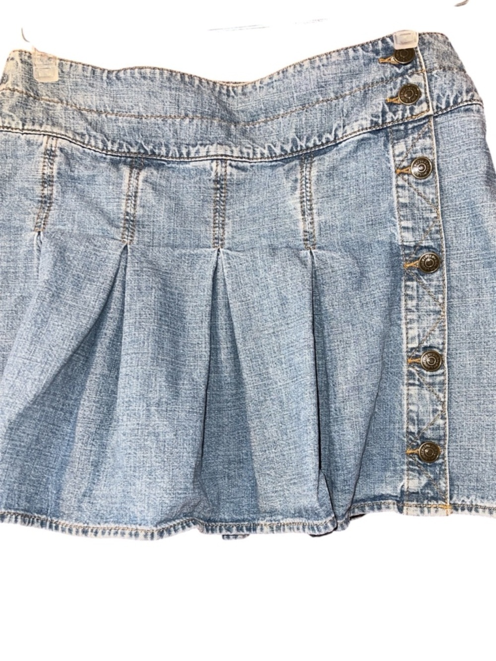 Vintage Ralph Lauren Light Blue Denim Pleated Skater Skirt with Side Buttons 14